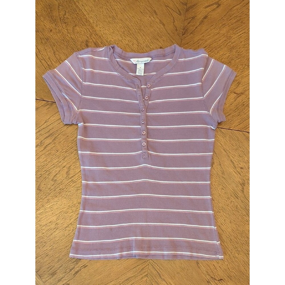 Y2K Aeropostale Lavender Striped Short-Sleeve Henley Cotton Tee